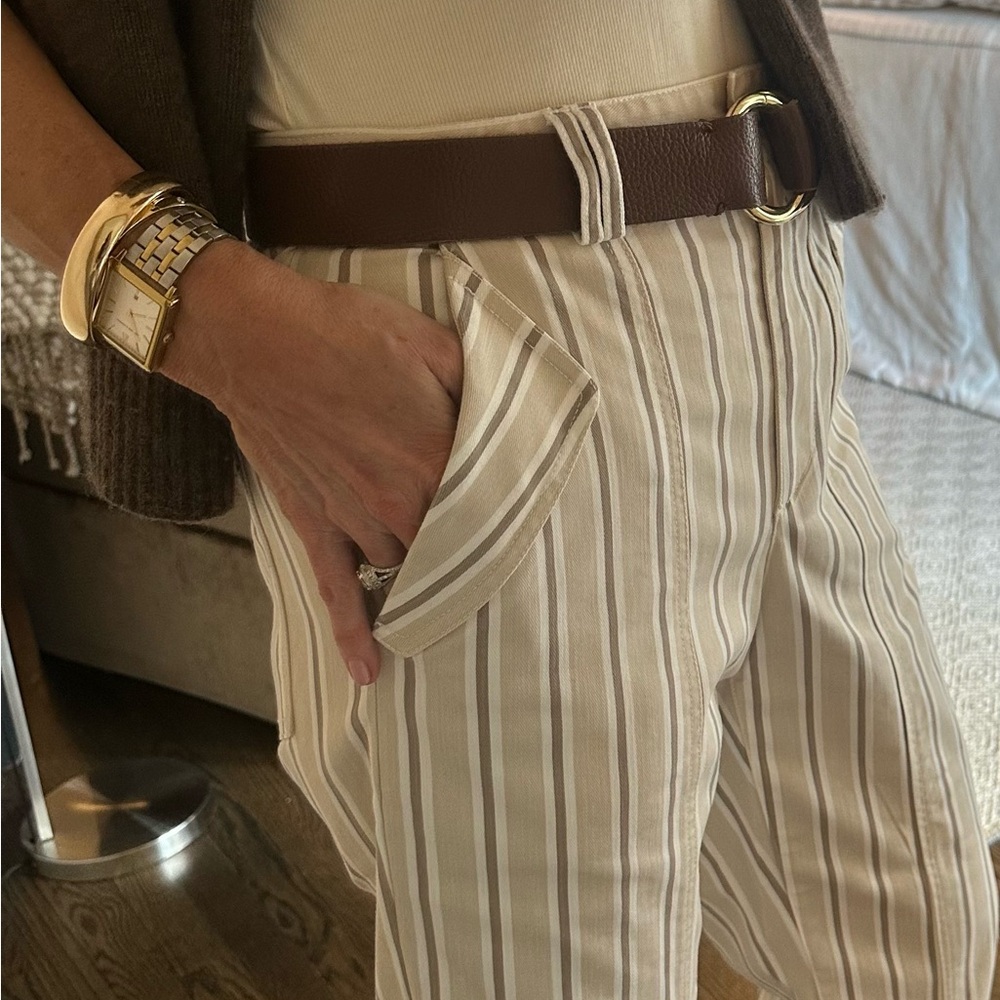 Pearl by Lela Rose Beige and White Striped Slim Barrel Leg Chinos - Picture 3 of 12